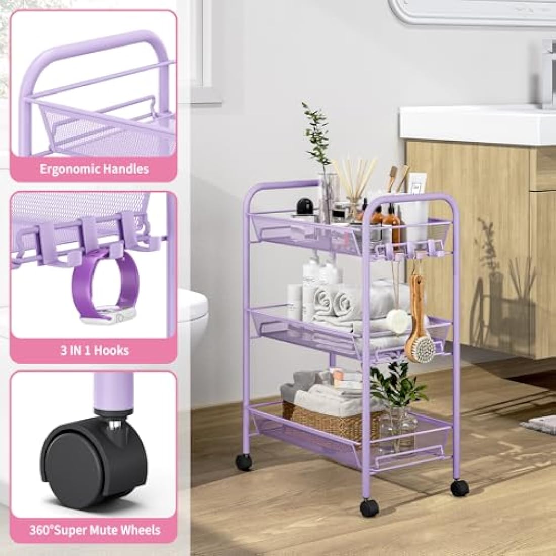 APEXCHASER 3-Tier Rolling Utility Cart | Metal Mobile Storage Trolley