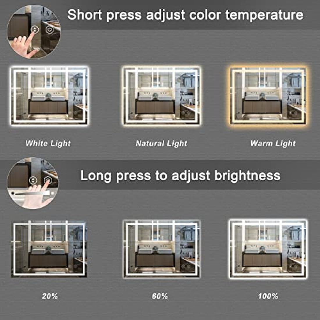 Dripex LED Bathroom Mirror | Dimmable Anti-Fog Wall Vanity Mirror, 50x70cm