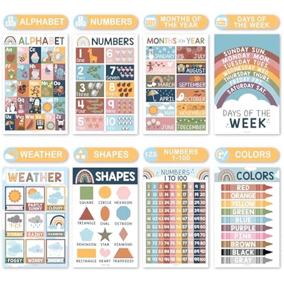 Hadley Designs 16 Boho Kids Educational Posters for Toddlers & Pre-K