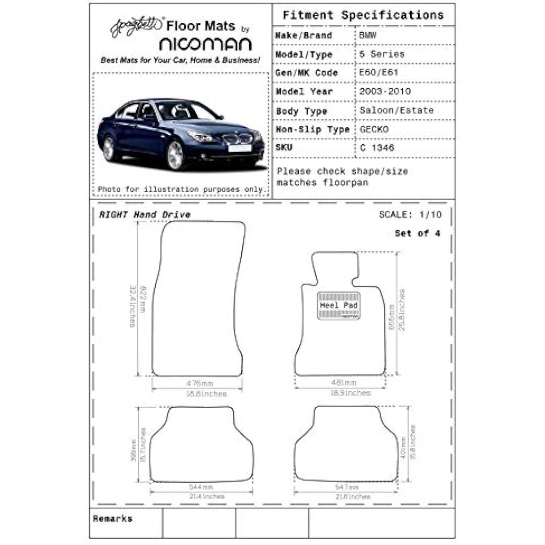 Nicoman All-Weather Car Mats for BMW 5-Series E60/E61 2003-2010 | Black