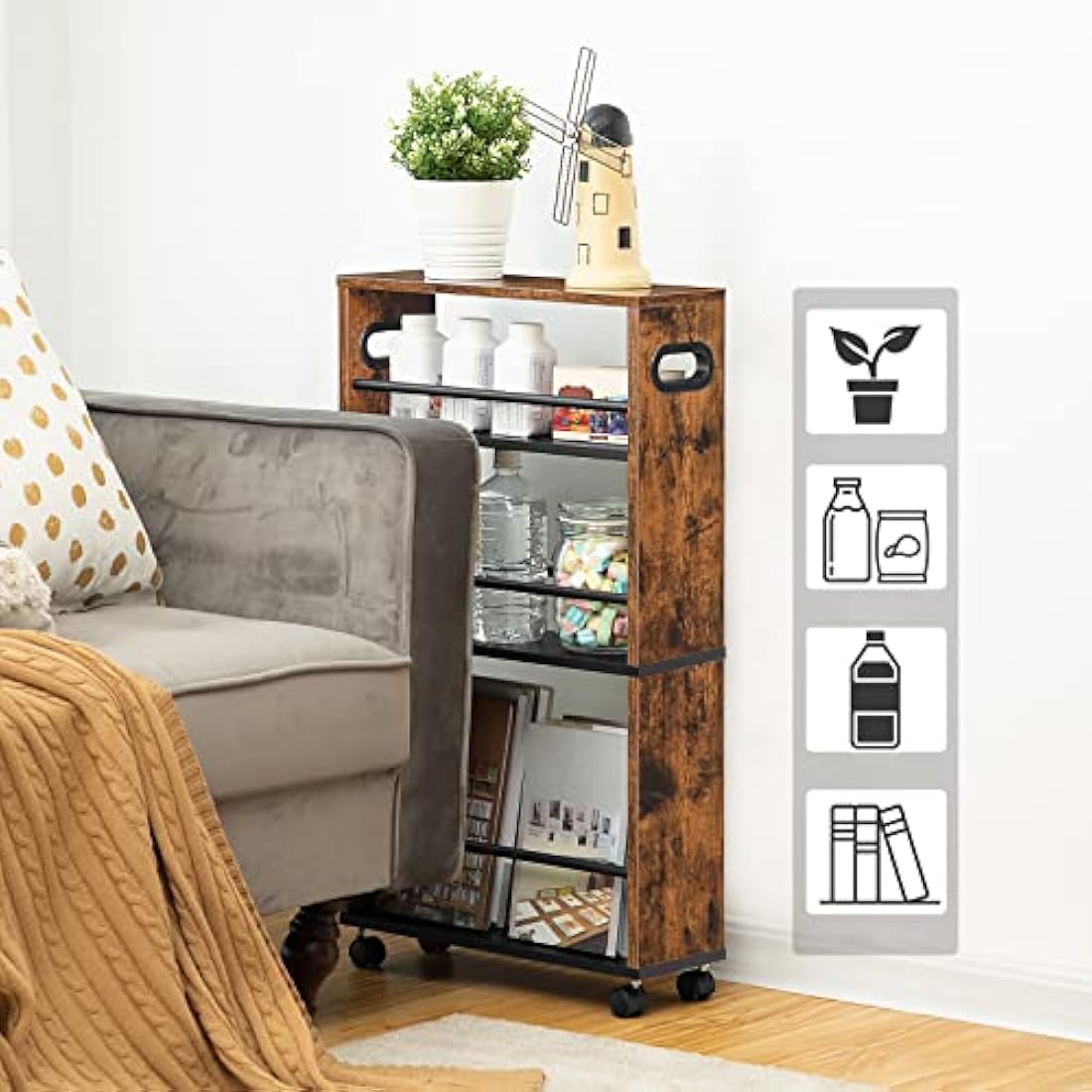HOOBRO 4-Tier Slim Storage Trolley – Narrow Rolling Utility Cart, Rustic Brown