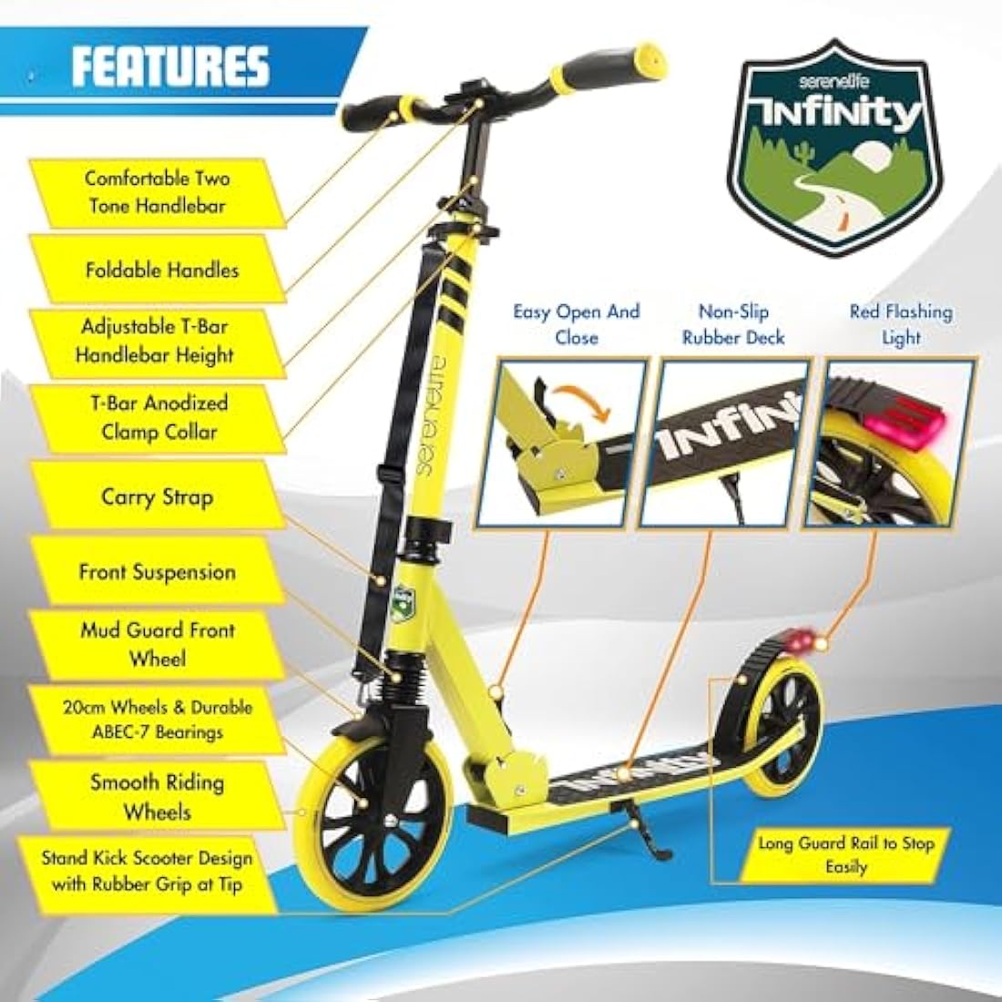 SereneLife Folding Kick Scooter – Big Wheels & Adjustable Handlebar