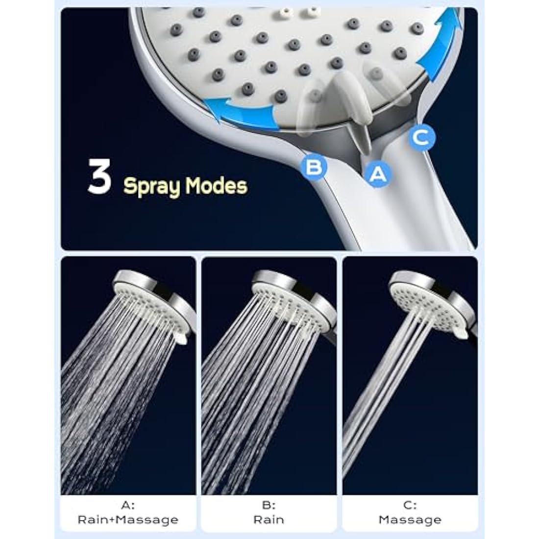 Samodra High Pressure Handheld Shower Head – 3 Spray Settings Chrome