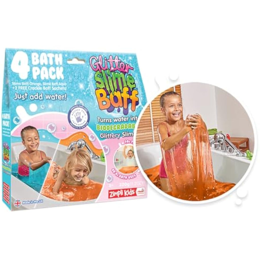 Zimpli Kids Glitter Slime Baff 4 Bath Pack – Orange & Aqua Slime Kit