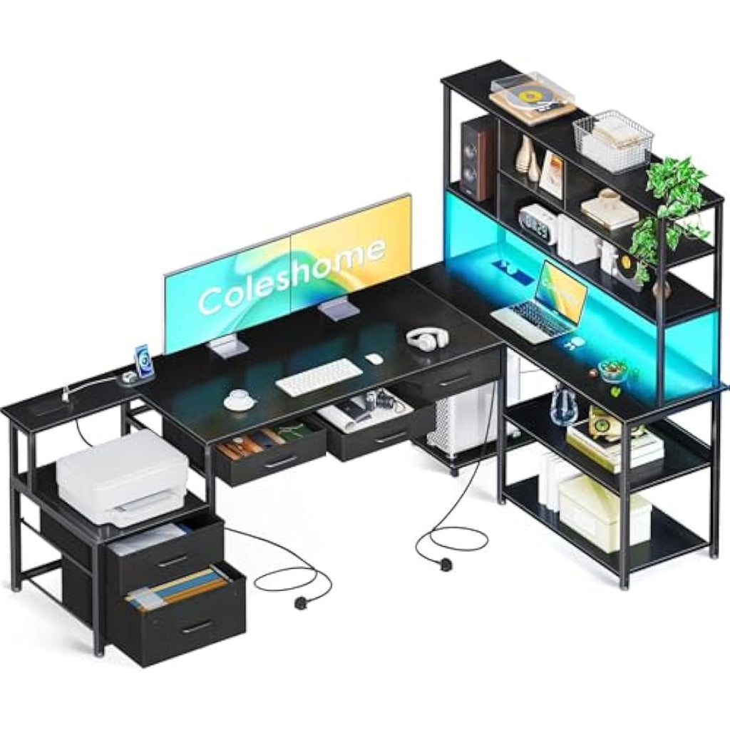 Coleshome L-Shaped Gaming Desk with LED Lights, Drawers & Power Outlets