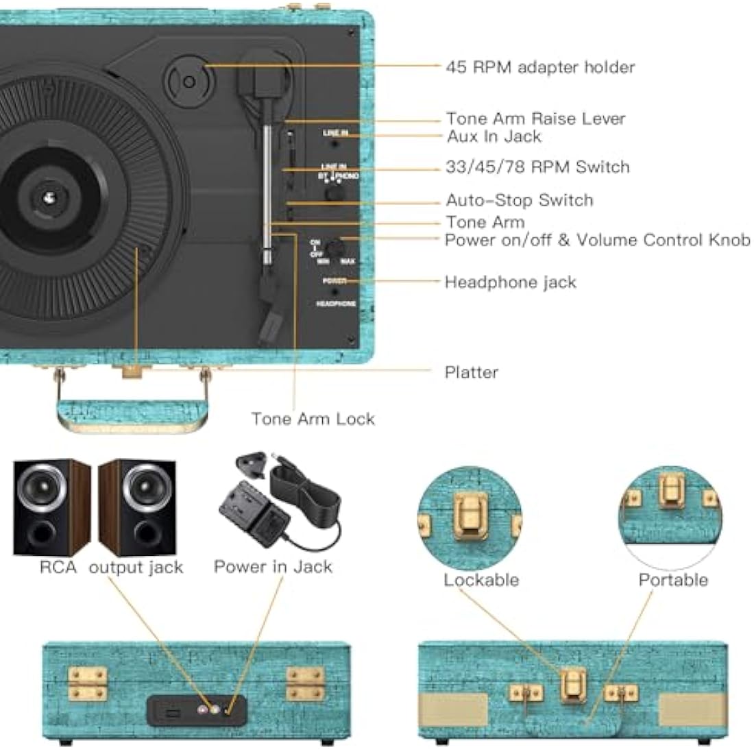 Trynnay Portable Suitcase Record Player | 3-Speed Bluetooth Turntable