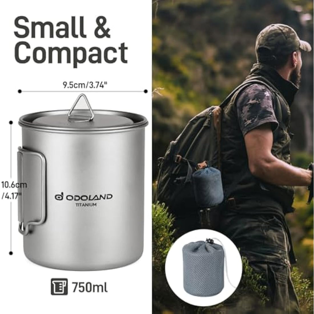 Odoland 750ml Titanium Camping Mug with Lid and Spork | Ultralight