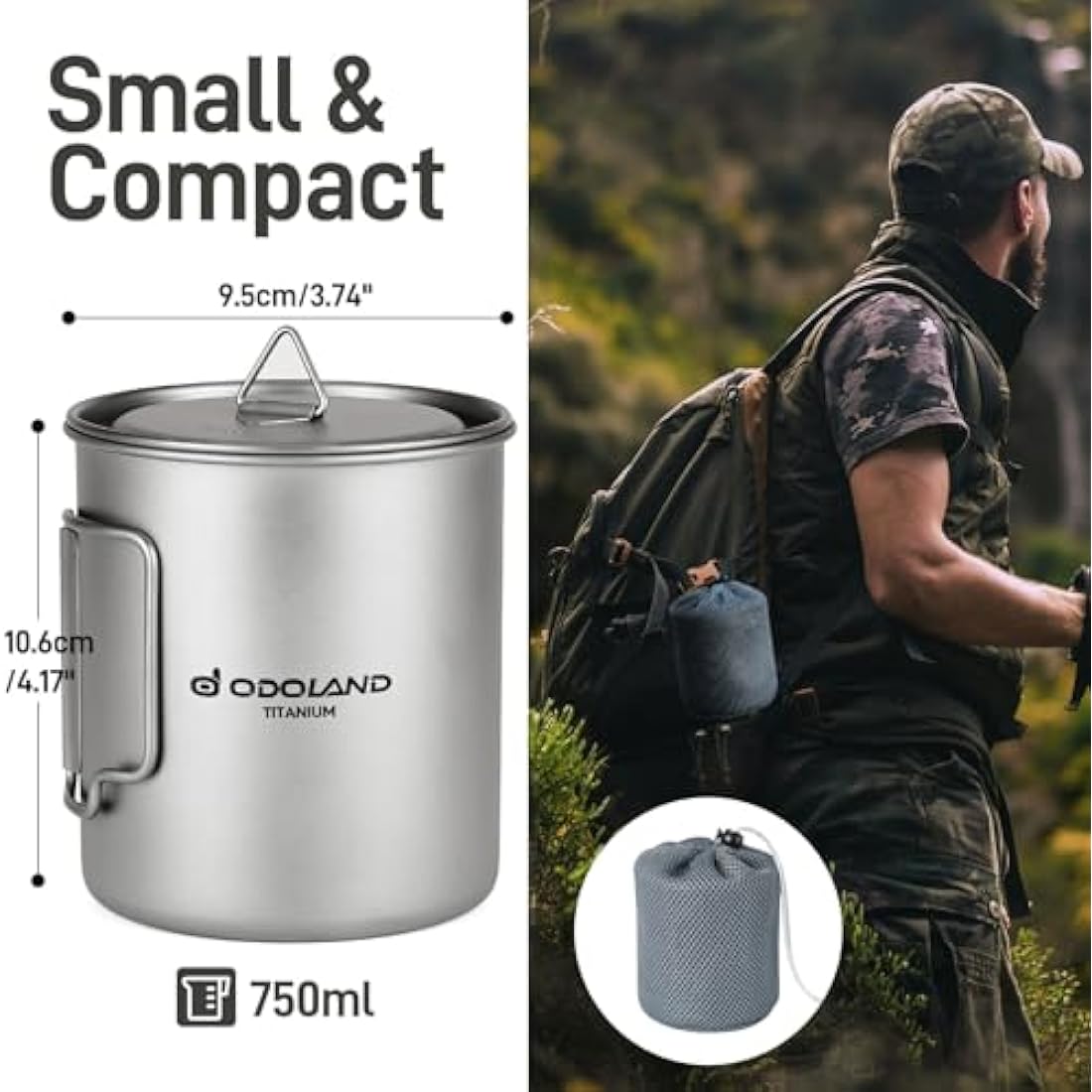 Odoland 750ml Titanium Camping Mug with Lid and Spork | Ultralight