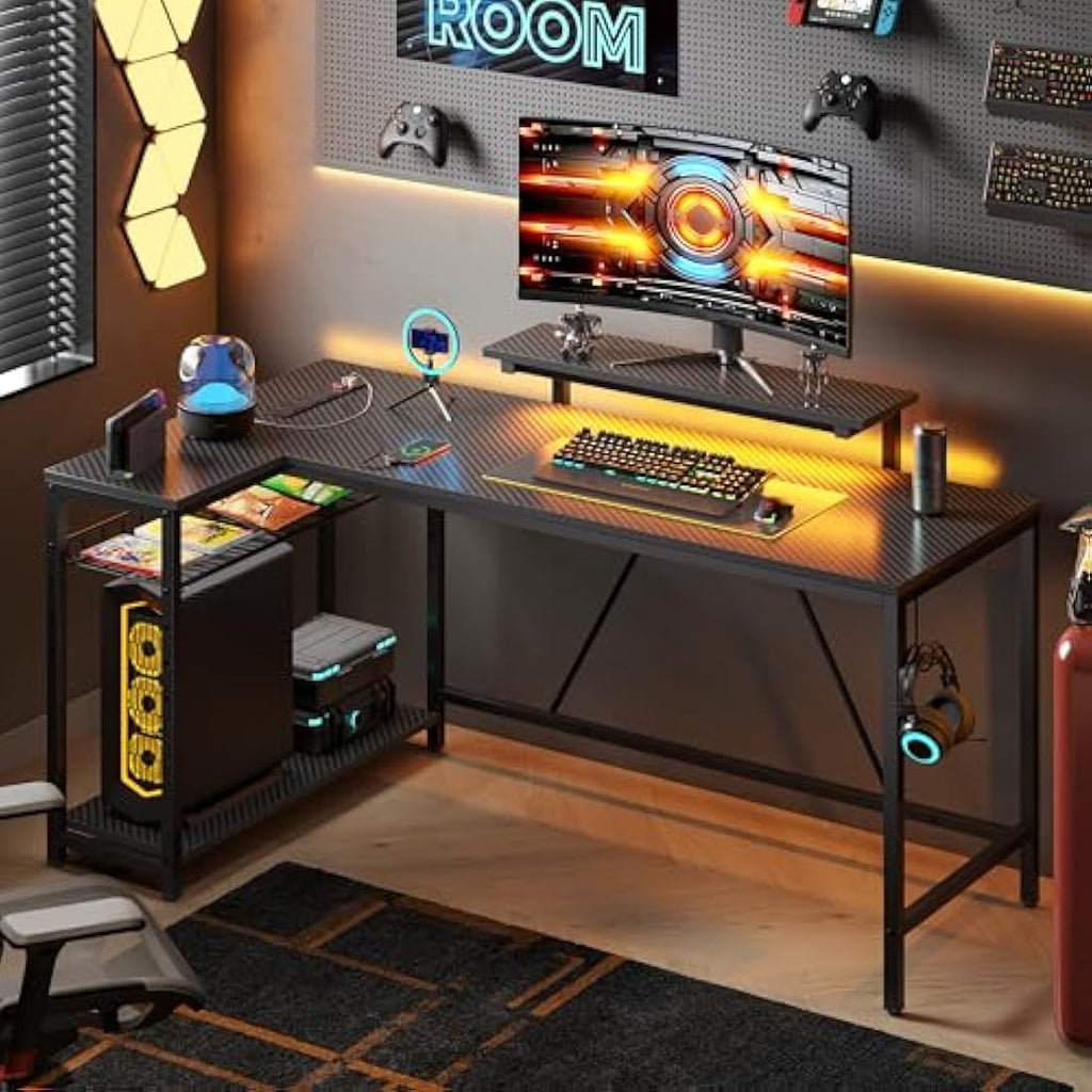 Jolof Store L-Shaped Gaming Desk with RGB Lights and Power Outlets