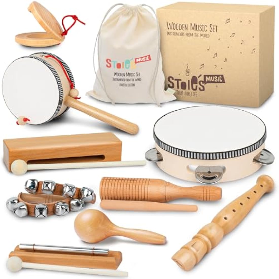 Stoie's Wooden Musical Instruments Set | 10-Piece Montessori Toy Kit