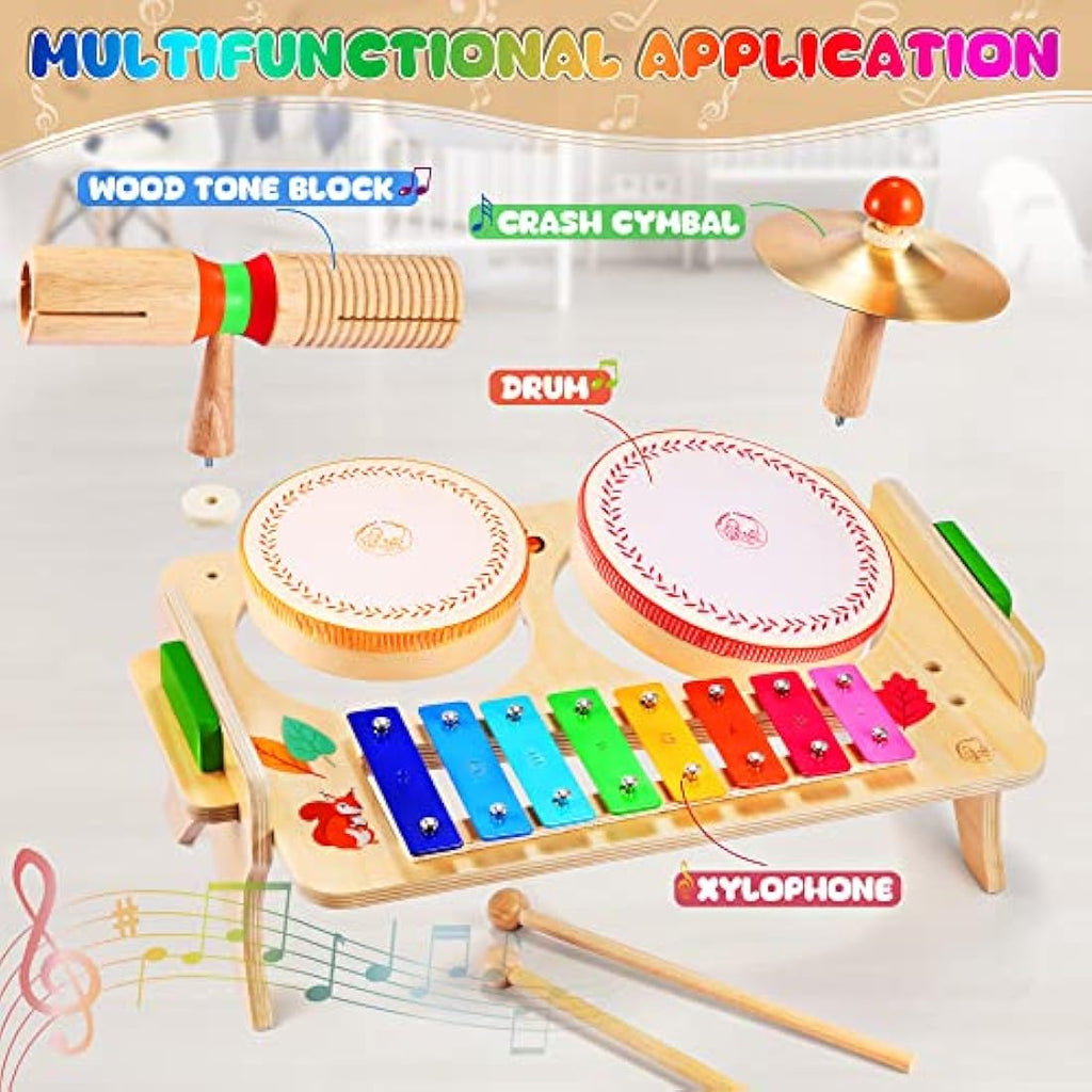 Sweet Time 7-in-1 Wooden Kids Drum Set | Toddler Musical Xylophone Toy