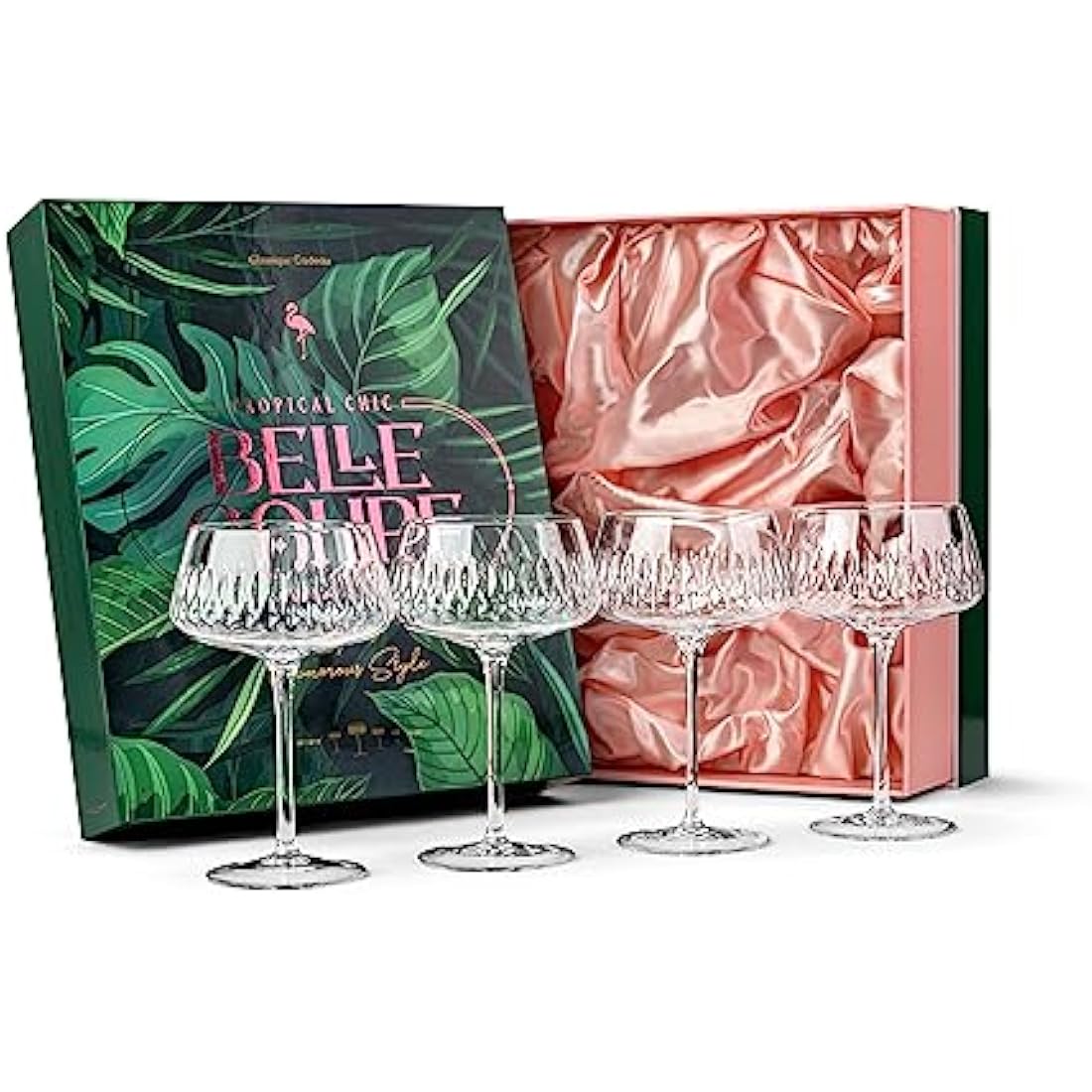 Glassique Cadeau Vintage Flamingo Coupe Glasses | Set of 4 Crystal Saucers