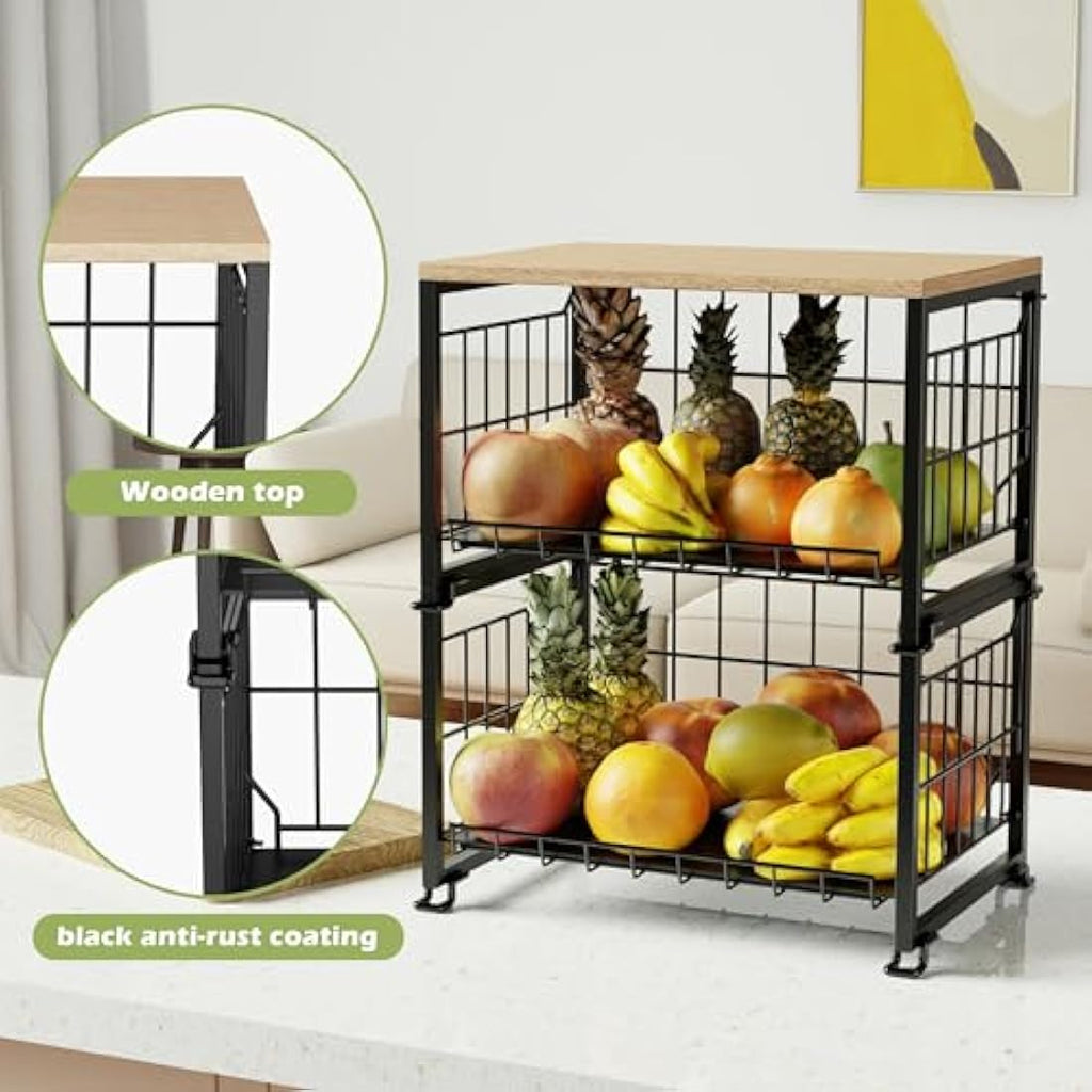UMDONX 2-Tier Fruit Rack – Stackable Wire Vegetable Storage Basket, Black