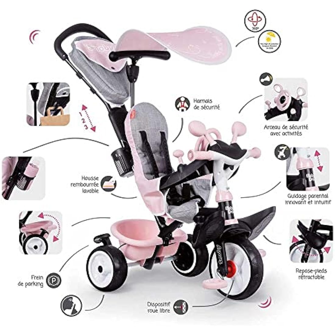 Tricycle Évolutif Smoby Baby Driver Plus – Vélo Enfant Rose