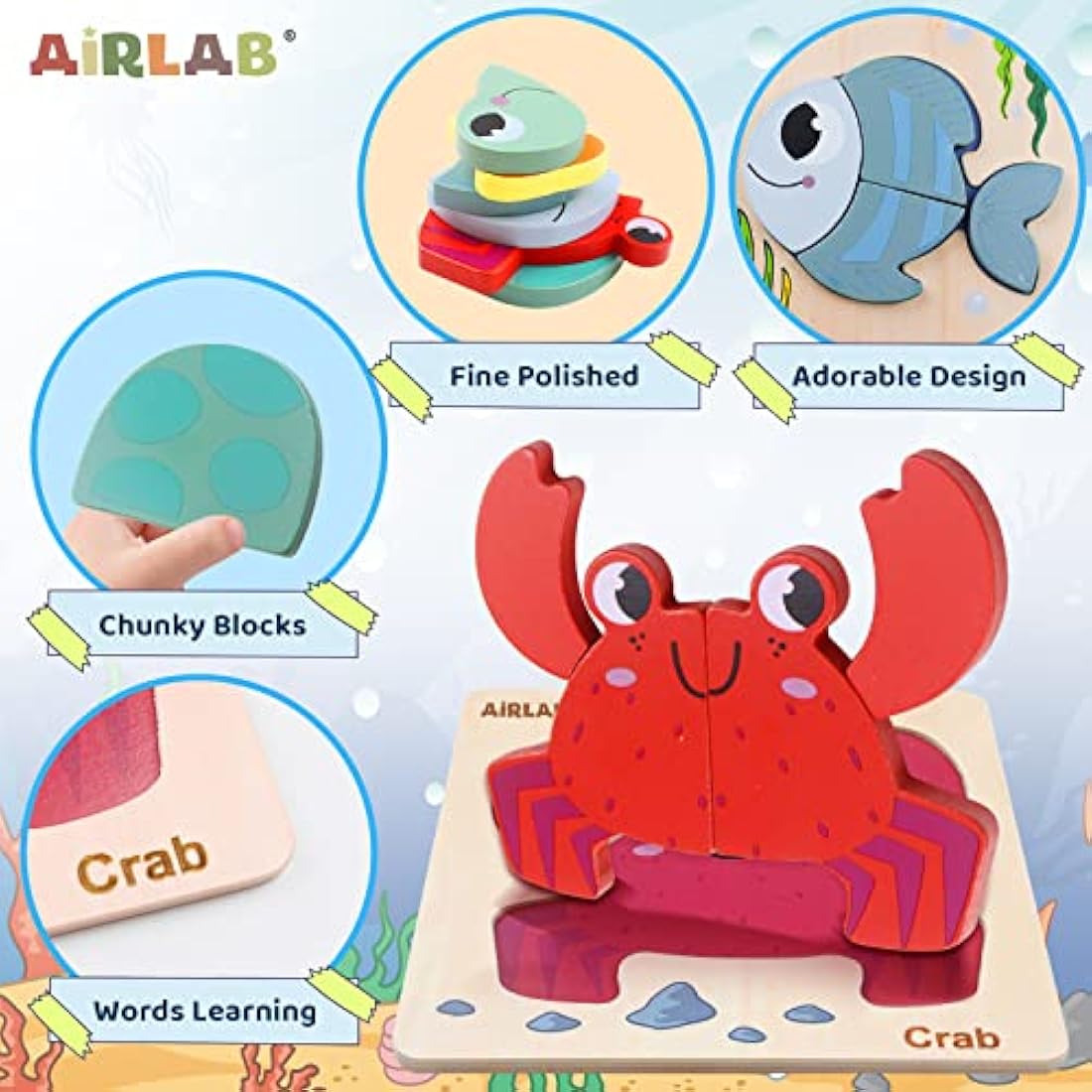 Airlab Montessori Wooden Jigsaw Puzzles – 4 Pack Ocean Sensory Toys