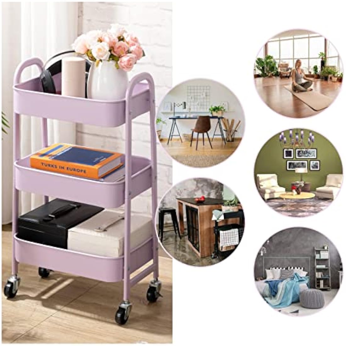 DOEWORKS 3-Tier Metal Rolling Utility Cart - Slim Storage Trolley, Purple