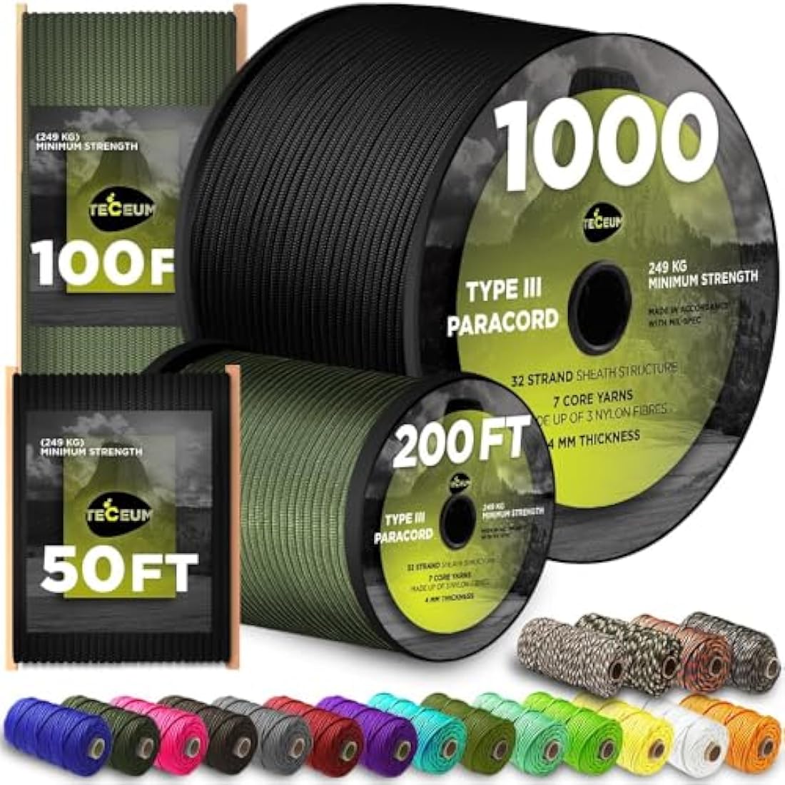 TECEUM 550lb Paracord – 4mm Nylon Tactical Survival Rope for Camping