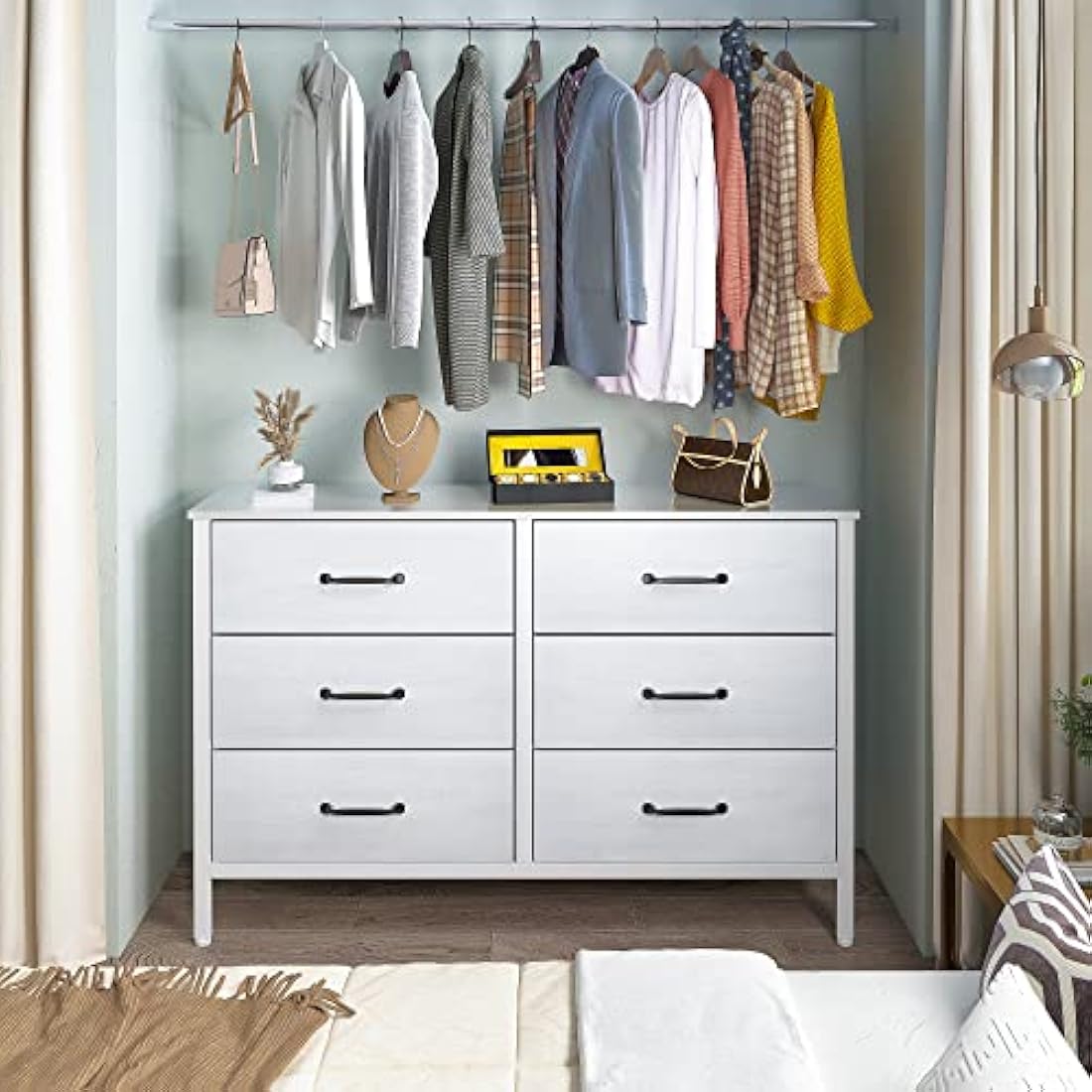 LYNCOHOME 6 Drawer Chest of Drawers | White TV Stand with Metal Frame