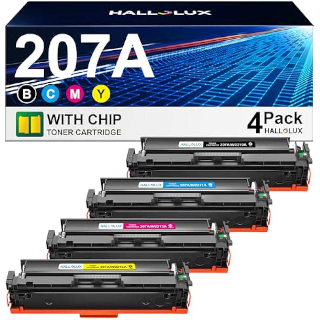 HALLOLUX 207A Toner Cartridges with Chip for HP Color LaserJet Pro | 4 Pack