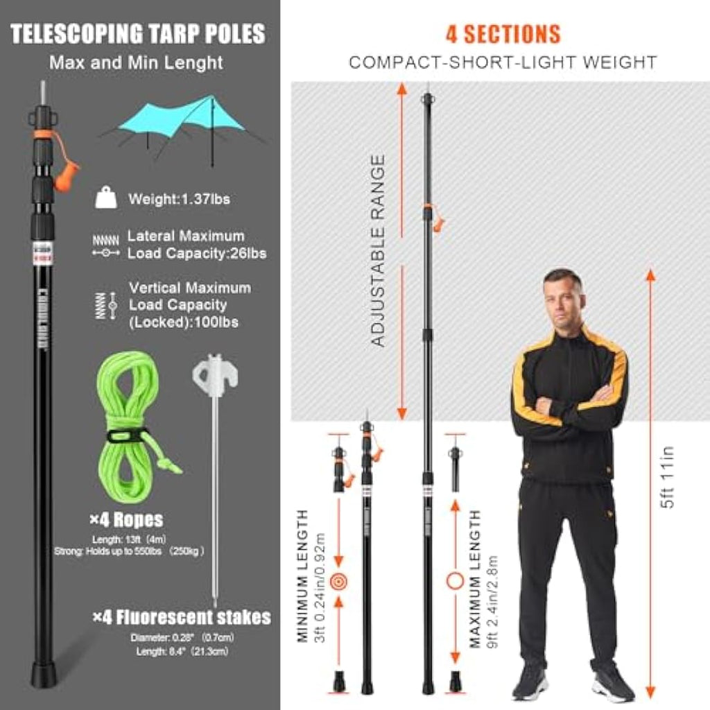 CAMULAND Telescoping Tent Poles | 110" Heavy Duty Aluminum Tarp Poles - 2PK