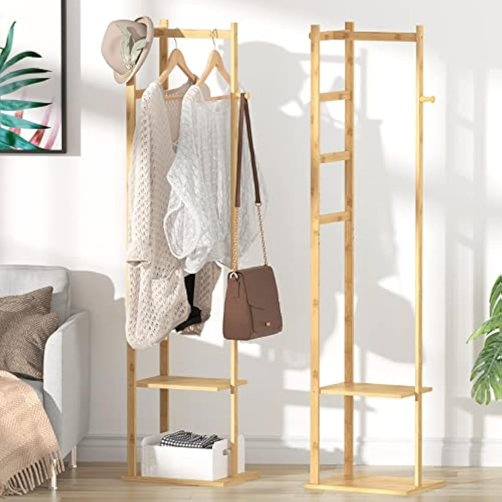 unho Bamboo Corner Coat Rack – Free Standing Hall Tree with 2 Shelves