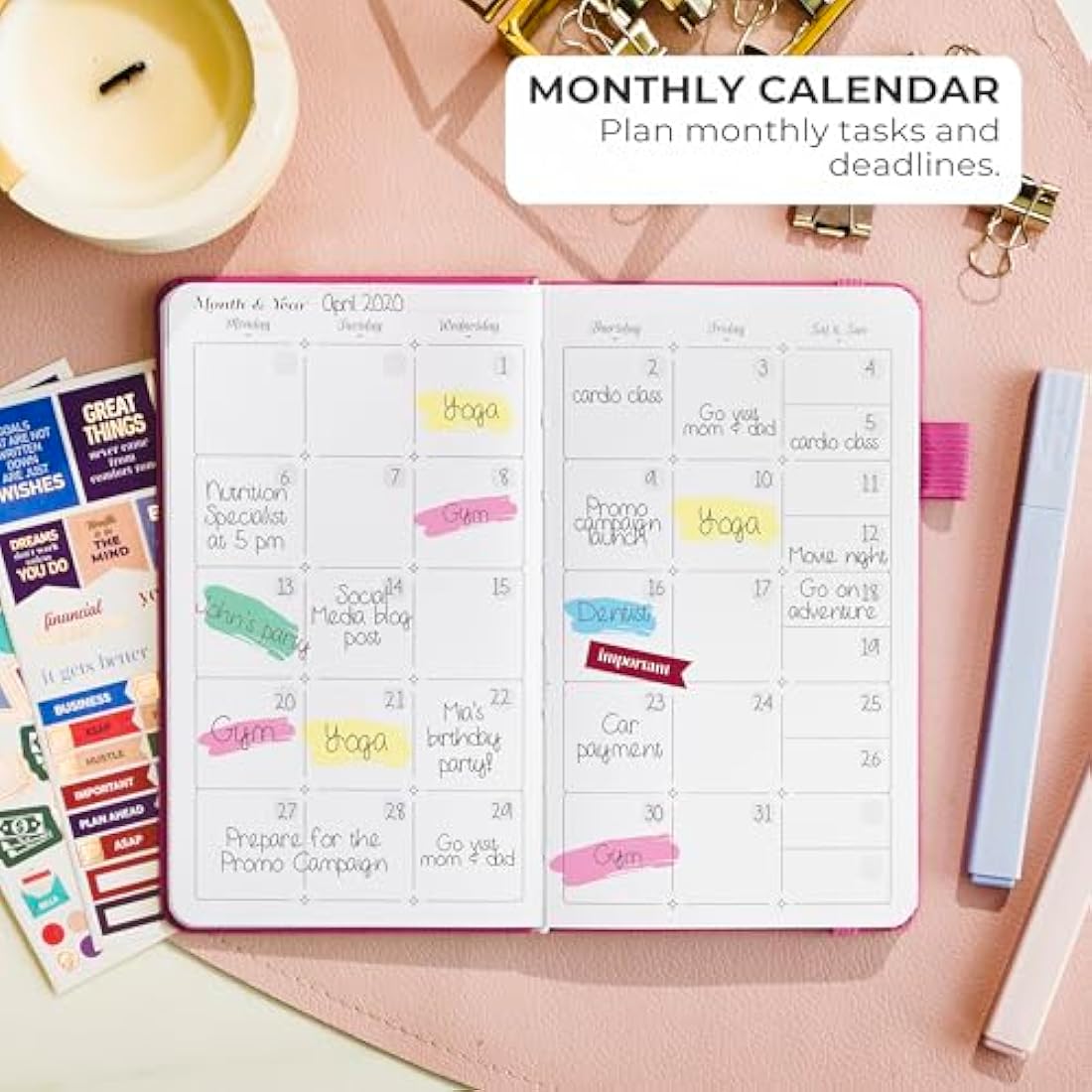 GoGirl Pocket Weekly Planner – Undated Goal Organizer, Hot Pink Leather