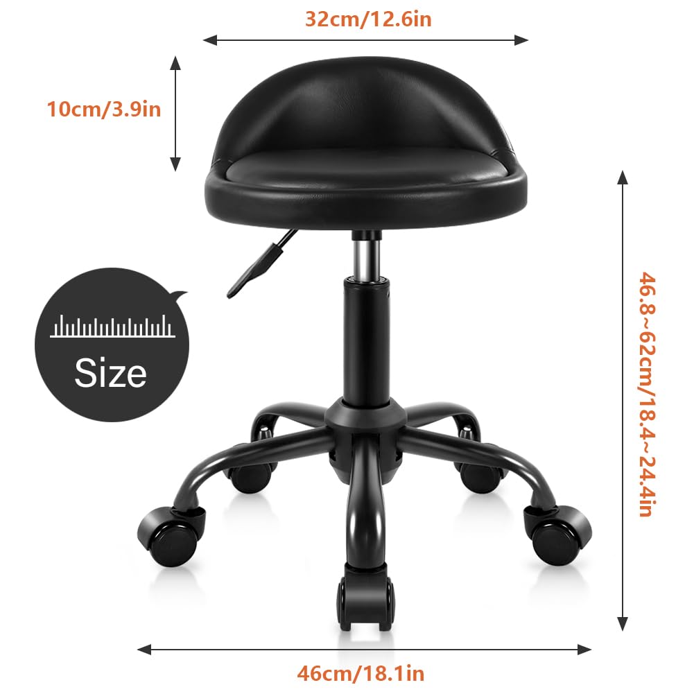 KKTONER Rolling Stool with BackRest Height Adjustable Round Chair with Wheels Swivel Drafting Work PU Leather stools Small Black