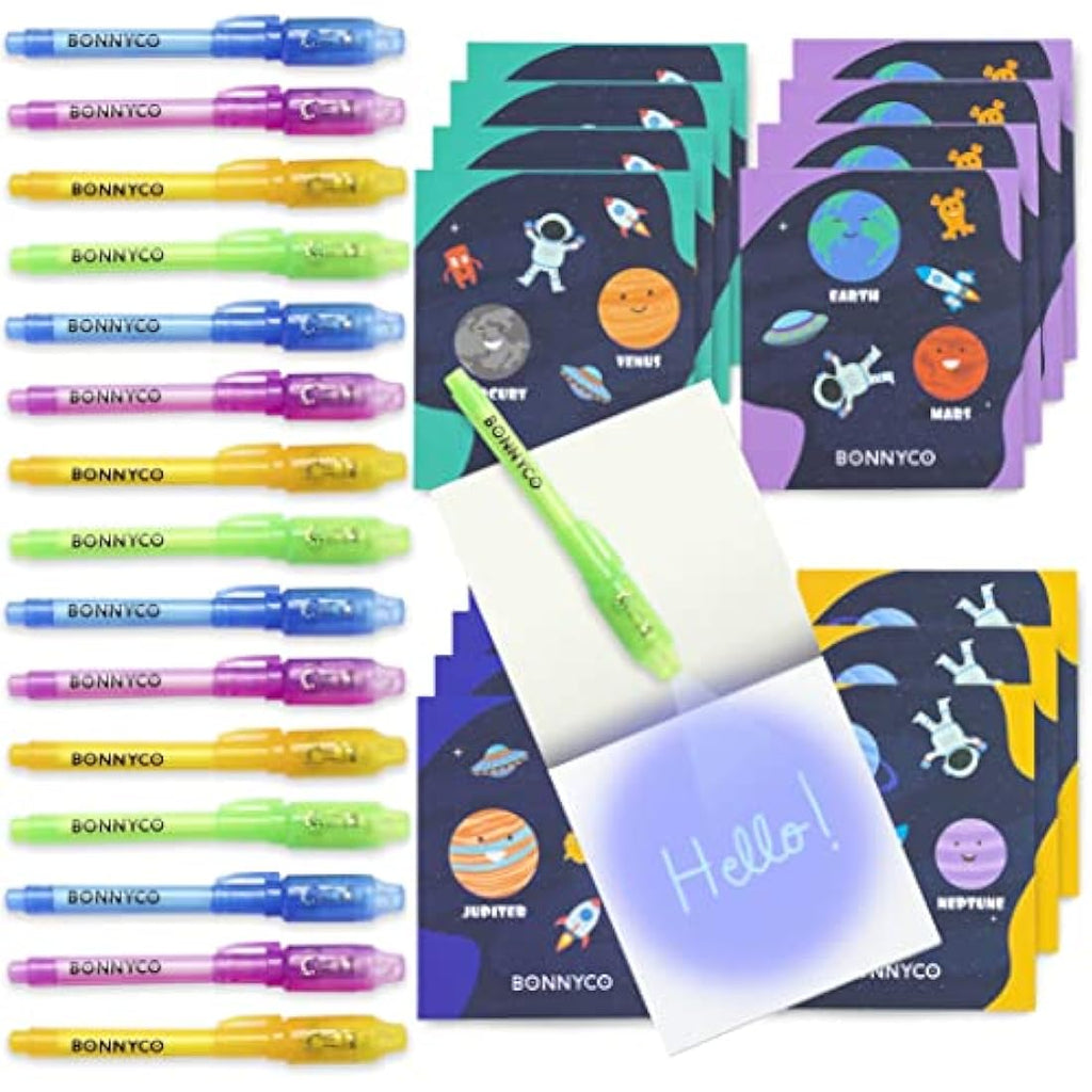 BONNYCO Invisible Ink Pen and Notebook Set - 16 Pack Space Party Favors