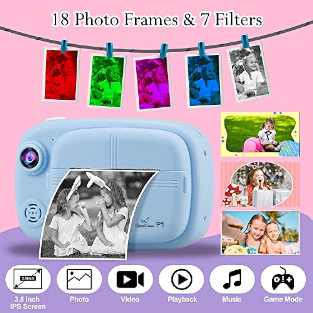 GlobalCrown Kids Instant Print Camera | 1080p HD Video with 32GB Card