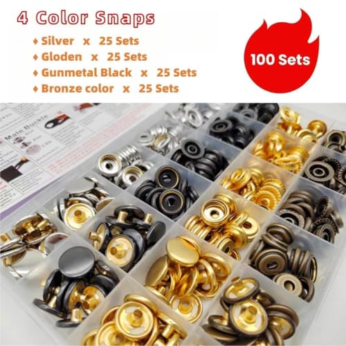 SUNAROC 100 Sets Metal Snap Fasteners Kit – 15mm Press Studs with Tool