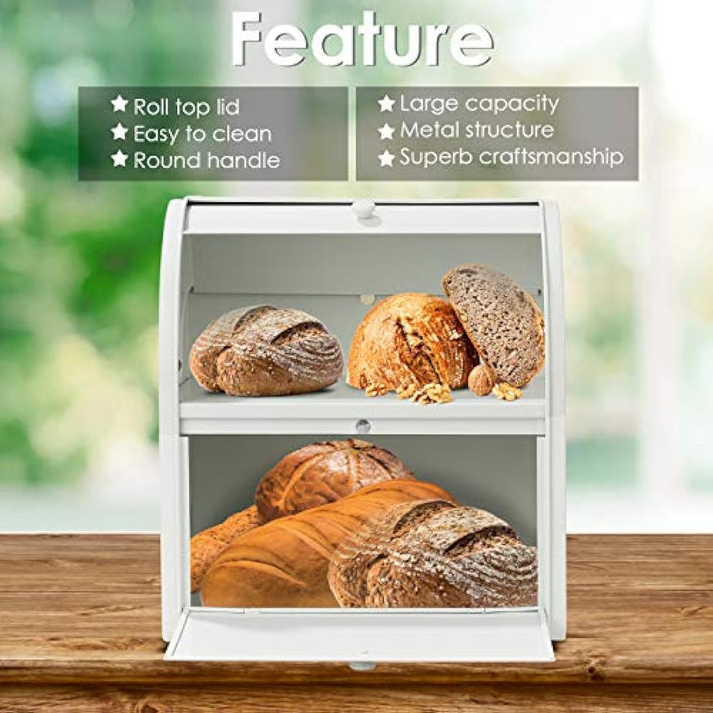 Hossejoy Metal Bread Box | Double Layer Roll Top Kitchen Storage Bin