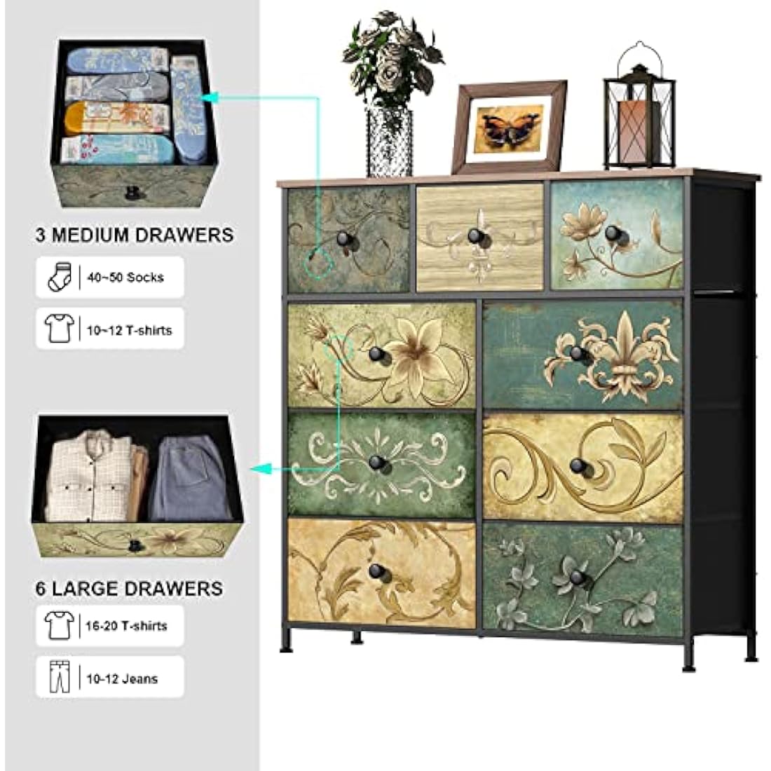 VEDECASA 9-Drawer Fabric Dresser – Retro Floral Chest for Bedroom