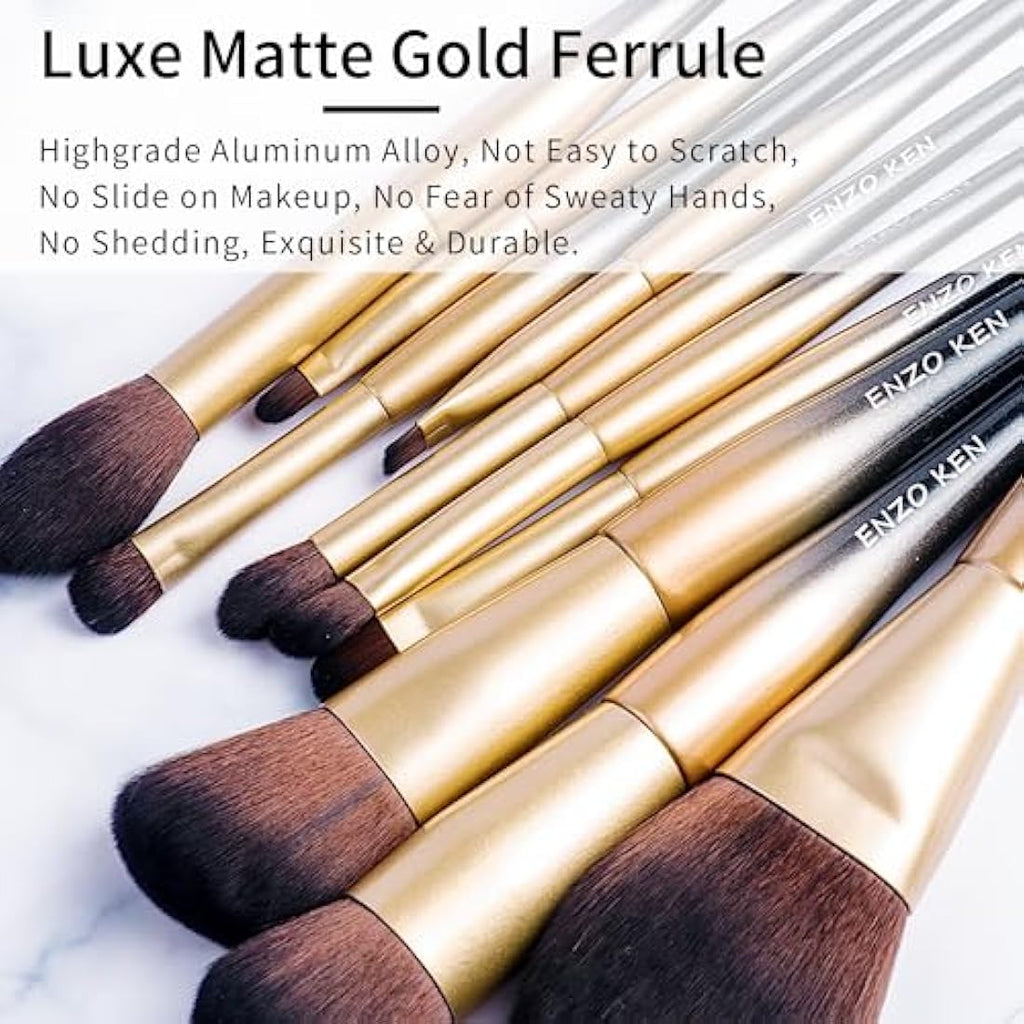 ENZO KEN Natural Sable Hair Makeup Brush Set | Professional 15pc Black Gold