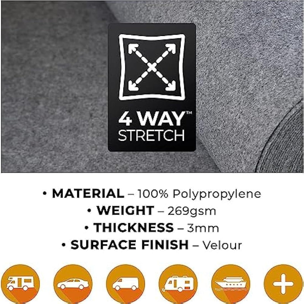 Silver 4-Way Stretch Van Lining Carpet - 7m x 2m Roll