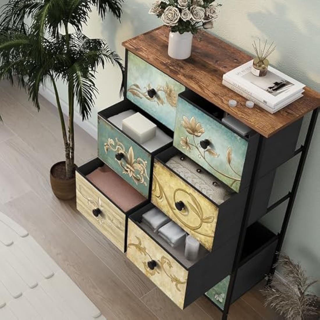VEDECASA 8 Drawer Tall Dresser – Retro Floral Fabric Storage Chest