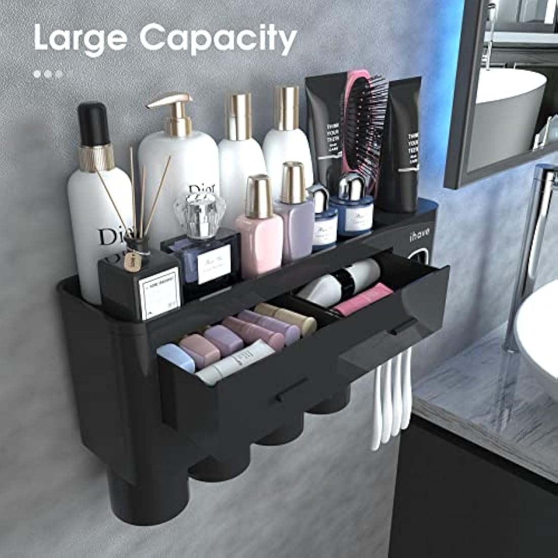 ihave Wall Mounted Toothbrush Holder with 4 Cups & Toothpaste Dispenser