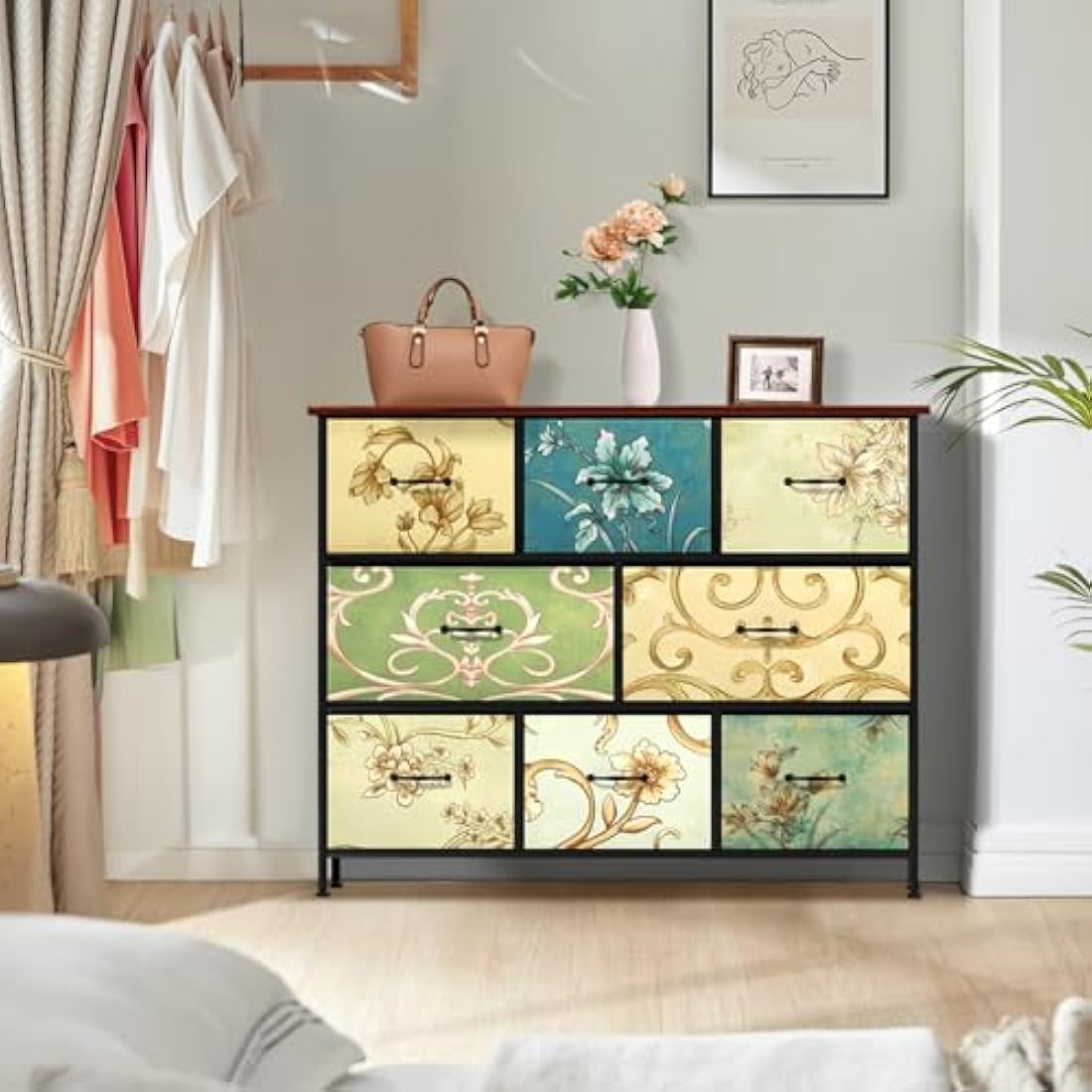 8-Drawer Fabric Dresser – Vintage Floral Storage Chest