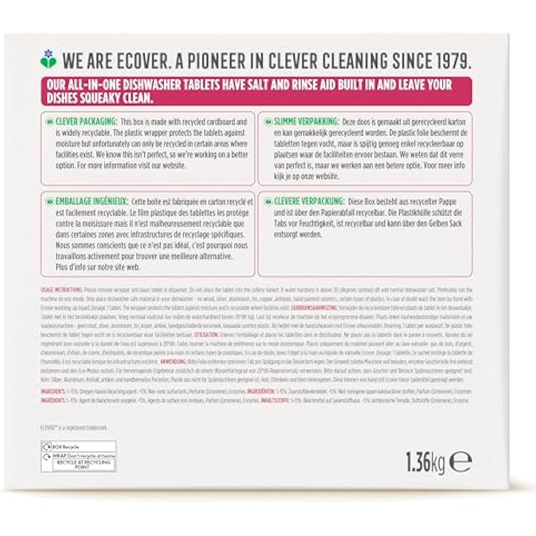 Ecover All-in-One Dishwasher Tablets | Lemon & Mandarin | 68 Pack