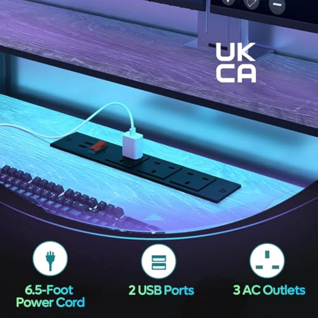 Bestier 140cm Gaming Desk with LED Lights, Power Outlets & Monitor Shelf