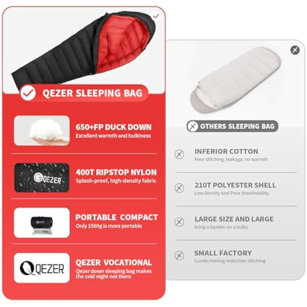 QEZER Winter Down Sleeping Bag | 660 FP Duck Down -20°C Cold Weather