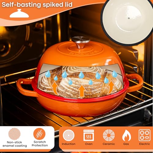 Nuovva Enamelled Cast Iron Dutch Oven - 6 Quart Bread Pot, Orange