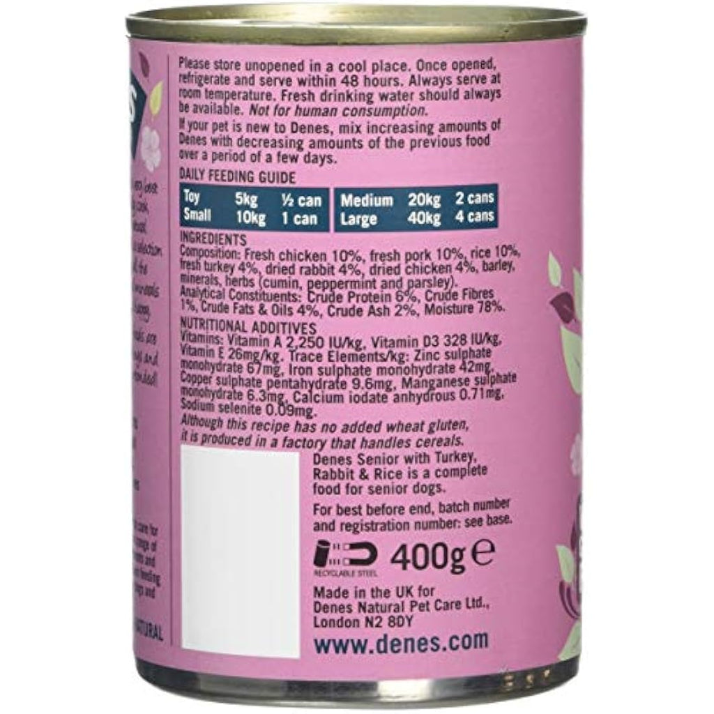 Denes Senior Wet Dog Food | Turkey, Rabbit & Rice | 12 x 400g Cans