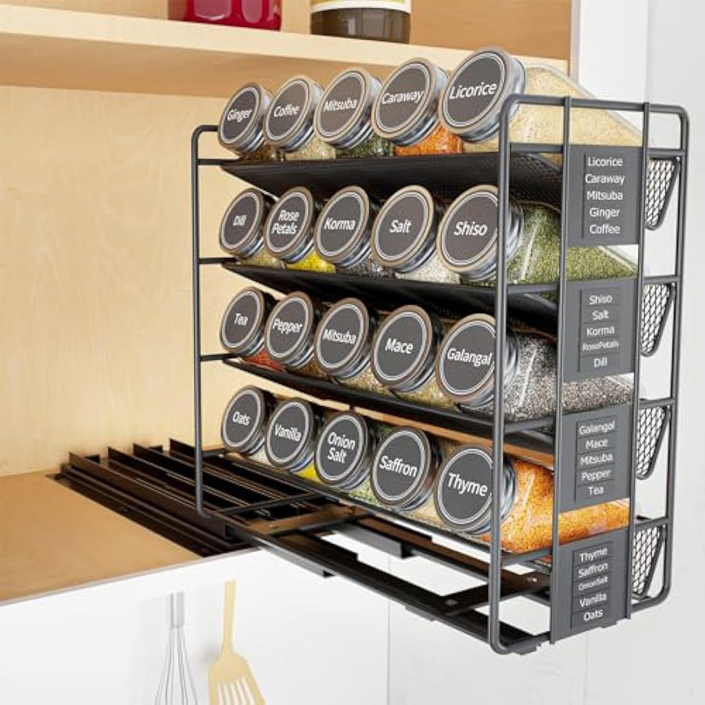 4-Tier Pull Out Spice Rack Organiser | Left Facing Carbon Steel