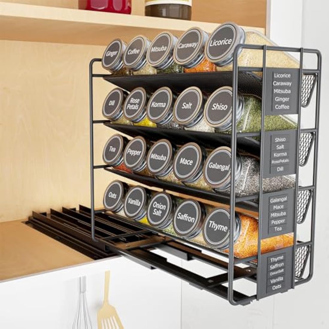 4-Tier Pull Out Spice Rack Organiser | Left Facing Carbon Steel