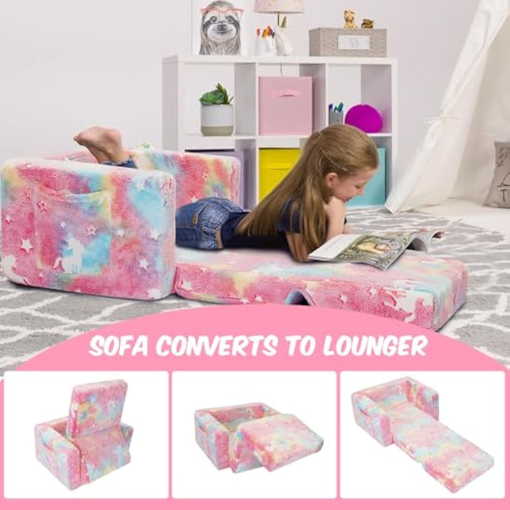 Jolof Store Kids Glow in the Dark Convertible Sofa – Pink Unicorn Lounger