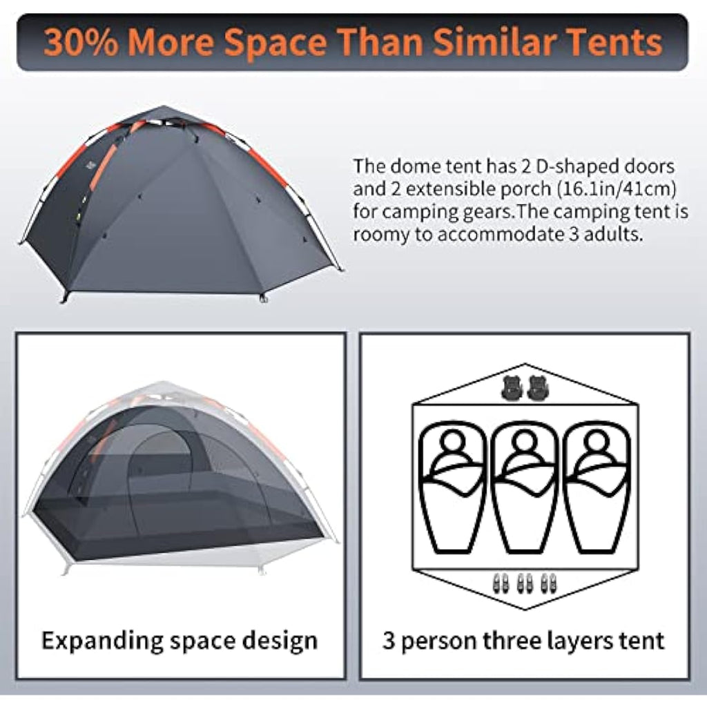 Cflity 3-Person Instant Pop Up Tent – Waterproof 4-Season Dome Tent