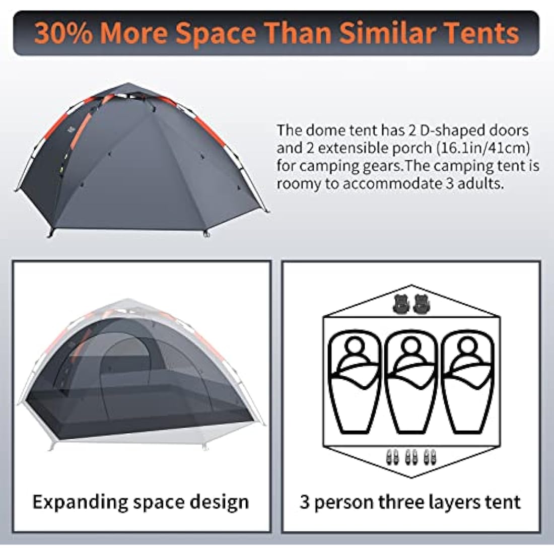 Cflity 3-Person Instant Pop Up Tent – Waterproof 4-Season Dome Tent