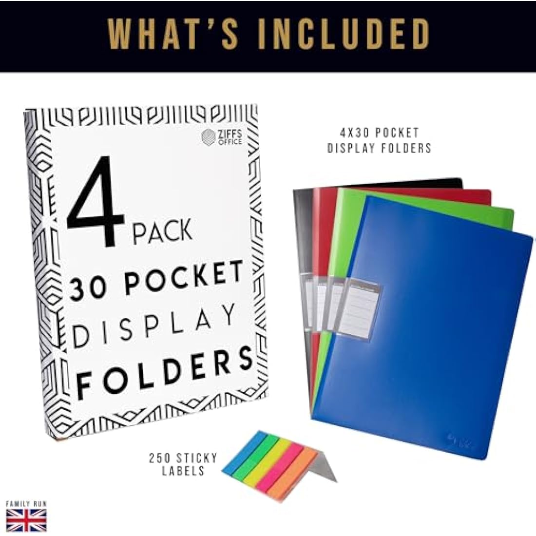 Ziffs Office A4 Display Folders - 4 Pack of 30 Pockets with Labels