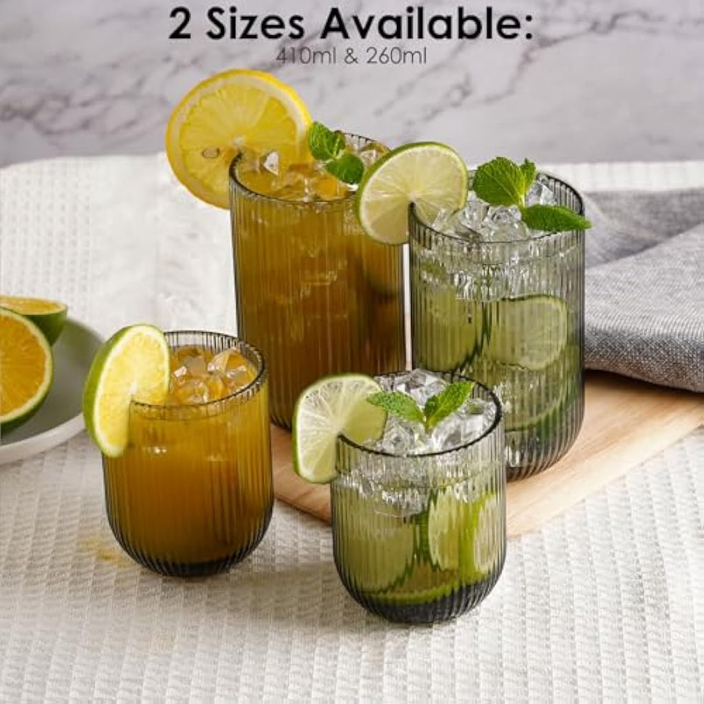 TKNO Ribbed Highball Glasses - 410ml Origami Style Fluted Tumblers, Set of 6