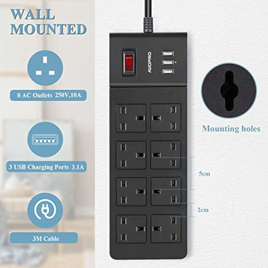 AUOPRO 8-Way Extension Lead with 3 USB Ports | 3M Power Strip, Black